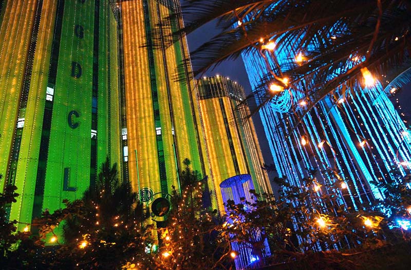 An illuminated view of the building of the Oil and Gas Development Company Limited in Islamabad.