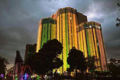 In connection with Pakistan's Independence Day celebration, an illuminated view of the building of the Oil and Gas Development Company Limited in Islamabad with colorful lights.