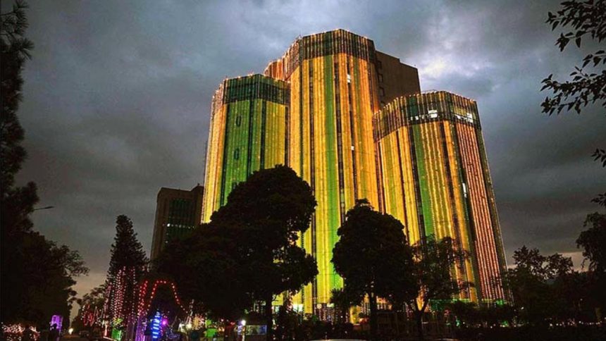 In connection with Pakistan's Independence Day celebration, an illuminated view of the building of the Oil and Gas Development Company Limited in Islamabad with colorful lights.