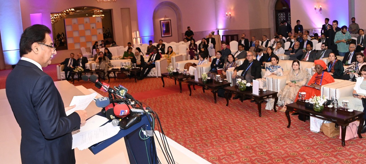 National Assembly Speaker Sardar Ayaz Sadiq delivering key note address to participants of regional meeting on gender empowerment and green economy in context of ICPD30 in Islamabad